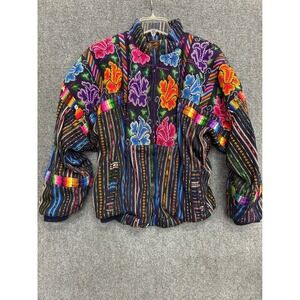 Maya Quiche Guatemalan Handwoven Cotton Floral Embroidered Zip Jacket Large